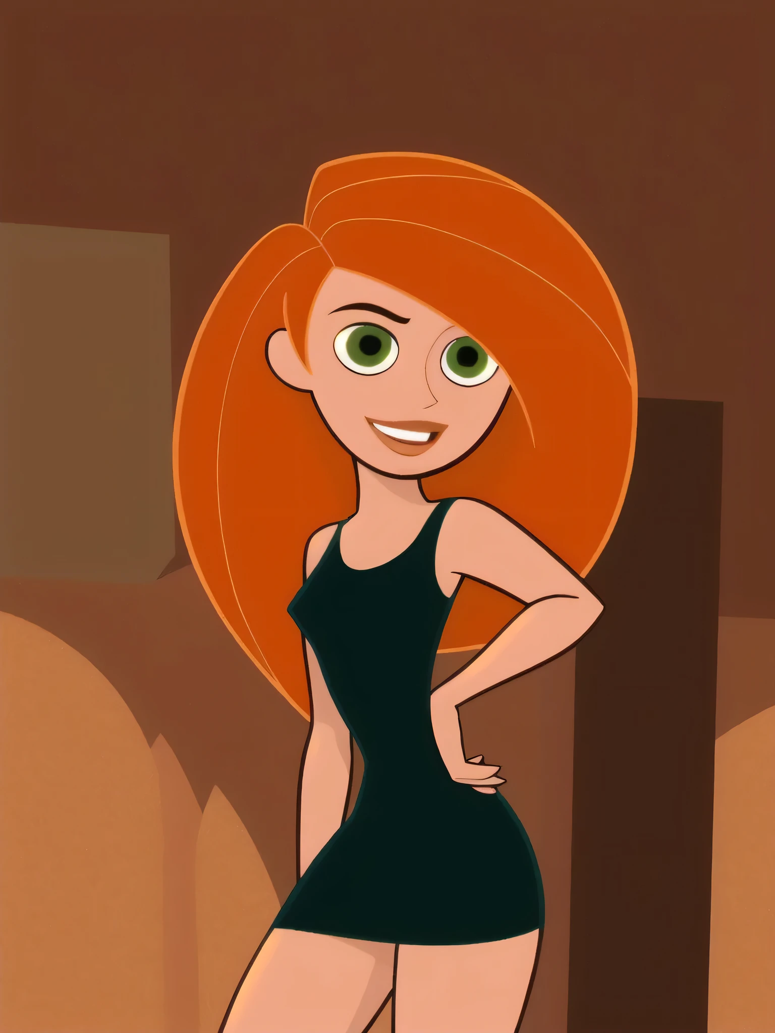 Best_QualityPos, intricate details, best quality, 8k uhd, better lighting, 1girl, solo, green eyes, orange hair, long hair, black dress, collarbone, loose clothes, sleeveless, smile, thighs, indoor, Kim Possible Style