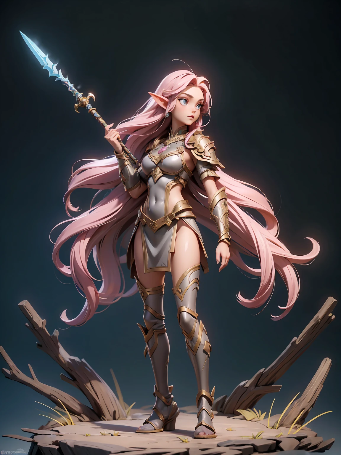 (((masterpiece, best quality, high detailed, 16k))) (1girl) A captivating  elven warrior with long, flowing pink hair, her eyes sparkling with determination and grace. She wears a unique armor crafted from animal pelts, blending seamlessly with the natural world. The armor, a mix of earthy tones and soft fur, provides both protection and agility, adorned with tribal patterns and symbols of her connection to the wild. She wields a sleek, elegant spear, its blade gleaming with a sharp, deadly edge. The spear's shaft is decorated with intricate carvings and feathers, enhancing its natural beauty. Her stance is poised and ready, exuding both strength and elegance. Her presence radiates a fierce yet harmonious energy, reflecting her bond with nature and her warrior spirit. ((full body view:1.4))