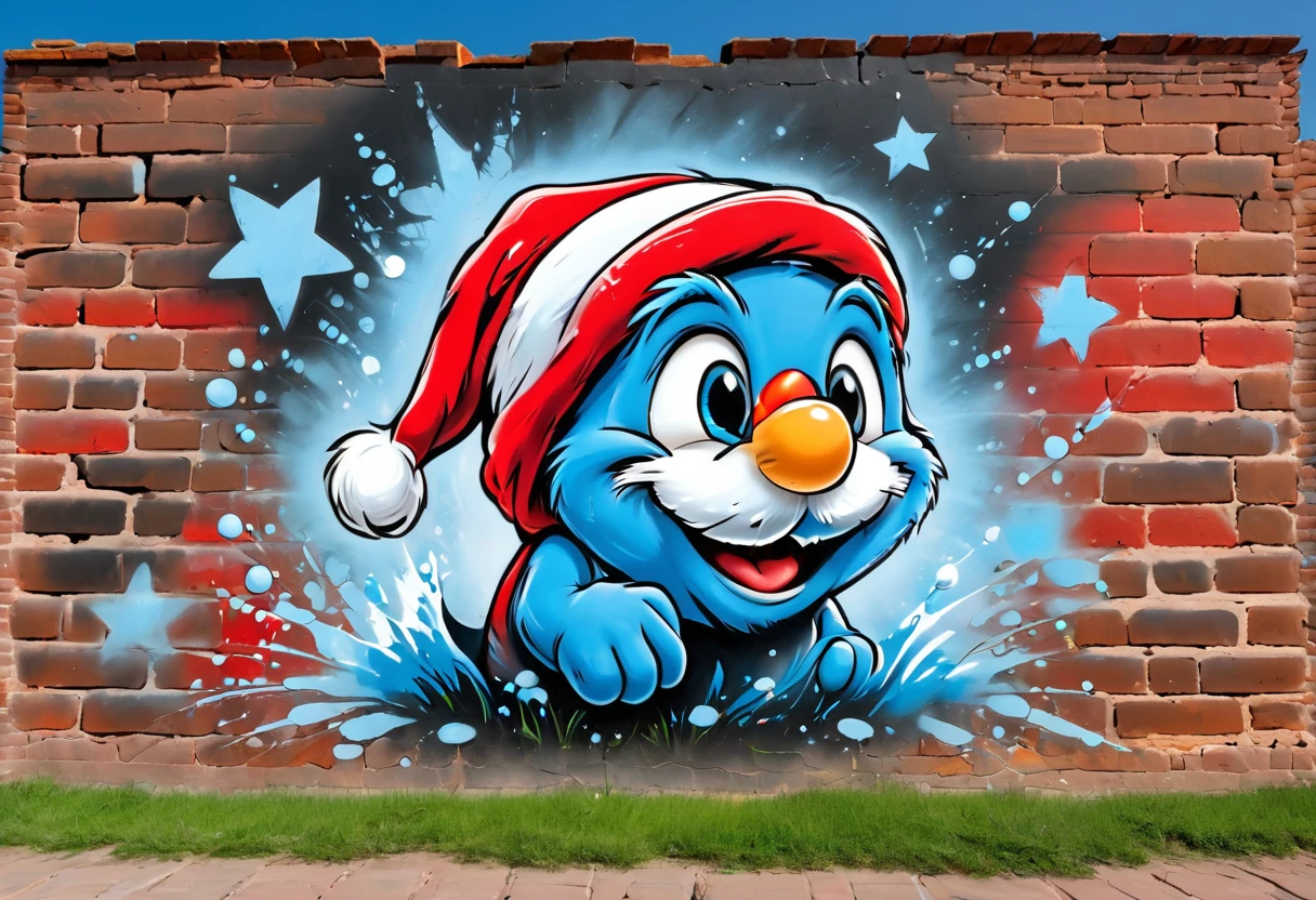 graffiti, pastel, graffiti on brick wall, spray paint on wall, colorful graffiti, street art, spray paint, street canvas, graffiti artist, graffiti art, spray art, spray art, (((old shabby brick wall: 1.4))). (((spray paint cans: 1.3))). Moral on the wall of the house.
blue cheerful smurf in a red Santa hat, splashes, laughing, jumping for joy, cartoon style, starry sky background, swirling clouds, elements of cute but mysterious textured details reminiscent of cracked paper,