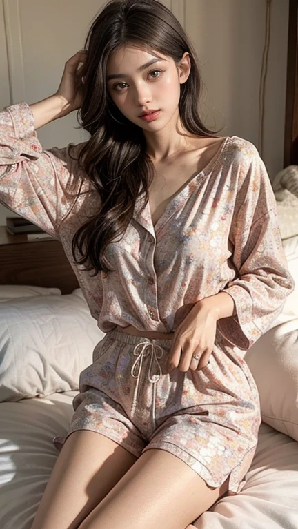 Sleepy girl, 22 years old, Realistic, she is wearing shorts, She is wearing floral pajamas, short hair.