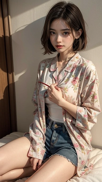 Sleepy girl, 22 years old, Realistic, she is wearing shorts, She is wearing floral pajamas, short hair.