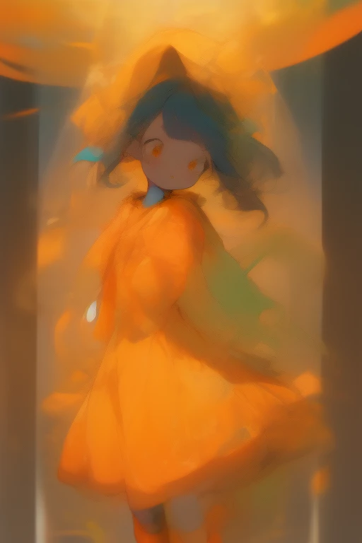 masterpiece, high quality, detailed,Hand-drawn、Watercolor、Background Blur、girl、Lux 15,Year、Side shot、Focus on the eyes、Glowing green eyes、 ,Small breasts , (Dark orange long sleeve dress 1:2)、(Sleeves are longer than the hands:1.3)、(White long loose socks:1.2) ,shy, Embarrassing, Dark blue hair, Long Hair, (Cat ear:1.2)、Upside down hair, internal, In the room, in the afternoon, cute, Full Body Shot、Fabric fluttering in the background、Sunflowers all over the background