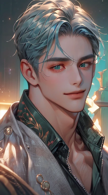 (best quality,4k,8k,highres,masterpiece:1.2),ultra-detailed,(realistic,photorealistic,photo-realistic:1.37),cinematic lighting,1:4 hdr image,a mature man, 29 years old,very handsome,cold expression smile in love, short grey blue hair, green eyes,flawless face,buttoning his jacket,CEO