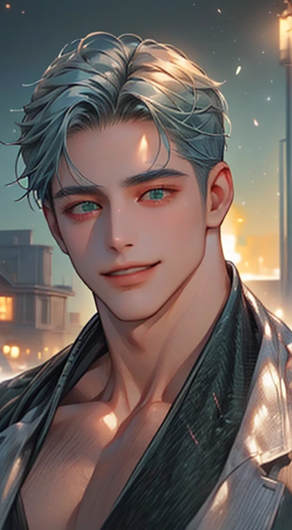 (best quality,4k,8k,highres,masterpiece:1.2),ultra-detailed,(realistic,photorealistic,photo-realistic:1.37),cinematic lighting,1:4 hdr image,a mature man, 29 years old,very handsome,cold expression smile in love, short grey blue hair, green eyes,flawless face,buttoning his jacket,CEO