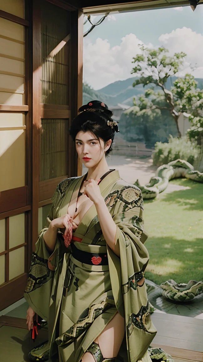 (masterpiece), best quality, expressive eyes, perfect face, HD, Benisato, kunoichi, snakes tattooed, chin, She is a tall and matured woman with a slender curvaceous build with long legs and arms, Although a ninja herself, Benisato has the appearance of a beautiful and seductive geisha, She has porcelain skin and long dark hair tied back in a coif with a hairpin and traditional comb, Benisato is covered in serpent tattoos that come alive when she uses her powers and will usually appear naked during a battle to throw off her male victims, She wears traditional Japanese geisha robes, full body, pants, long sleeves, Vest, sandals, kimono, Hongli, snakes supranatural