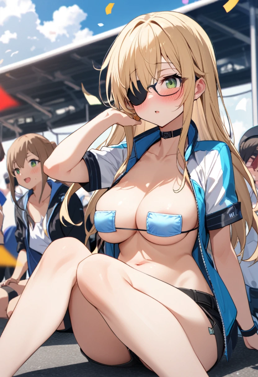 1 girl、solo、Long Hair、chest、Staring at the audience、blush、笑face、Blonde Hair、大きなchest、belly button、chestの谷間、Sitting、Close your mouth、Green Eyes、Swimwear、Short sleeve、（face：No eyepatch）、Eyepatch bikini、Eyepatch bikiniのボトムのみ、（color：black）Thighs、Outdoor、Open clothes、null、Glasses、Shorts、choker、noon、cloud、stomach、青null、Shorts、Underbust、（Eyepatch bikini：black）、High leg、blackchoker、blackShorts、Hair Intake、地上car両、自動car、car、Open Fly、Confetti、眼帯High legビキニ、Micro Shorts、Race Queen