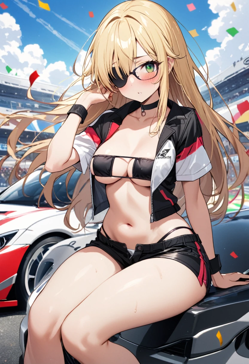 1 girl、solo、Long Hair、chest、Staring at the audience、blush、笑face、Blonde Hair、大きなchest、belly button、chestの谷間、Sitting、Close your mouth、Green Eyes、Swimwear、Short sleeve、(face:No eyepatch)、Eyepatch bikini、Eyepatch bikiniのボトムのみ、(color:black)Thighs、Outdoor、Open clothes、null、Glasses、Shorts、choker、noon、cloud、stomach、青null、Shorts、Underbust、(Eyepatch bikini:black)、High leg、blackchoker、blackShorts、Hair Intake、地上car両、自動car、car、Open Fly、Confetti、眼帯High legビキニ、Micro Shorts、Race Queen