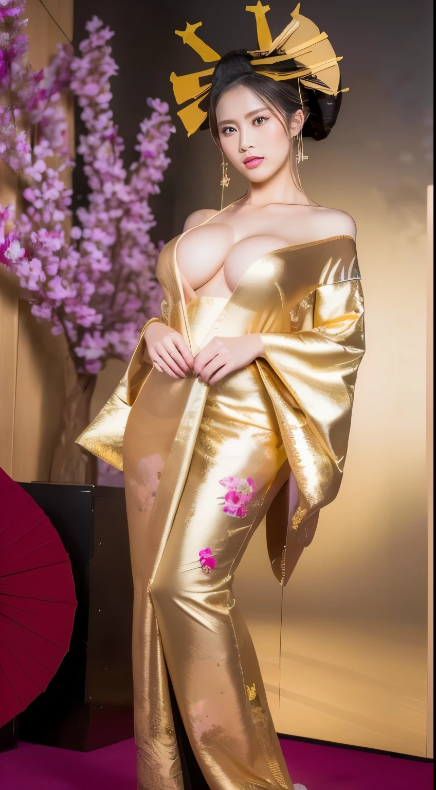 ((masterpiece(:1.4)，Highest quality，Ultra-high resolution，Highest quality，8k，Extremely detailed，In detail))。night，Japanese，(A beautiful woman)，glossy，slim，Large Breasts(1.6)，sexy，glamorous，((Golden Ratio Style，Perfect Style))，Narrow waist，Flashy gal makeup，Japanese garden，Oiran，Prostitute，Sunny day outfit，Uchikake，Gold brocade，((A gorgeous kimono))，A cutting board belt tied in front，Hair tying，hairpin，hair ornaments，Gorgeous costumes，Beautiful standing posture，Presence，Exude sex appeal，looking at the camera，Show off your style，Big Breasts，