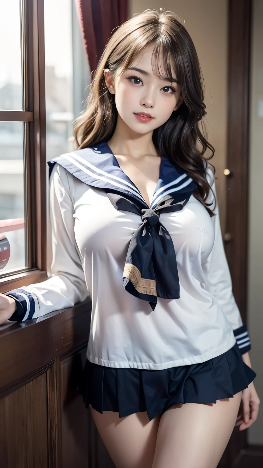 ulzzang-6500-v1.1, (Raw photo:1.2), (Photorealism), Beautiful detailed girl, Very detailed eyes and face, Beautiful detailed eyes, Huge file size, (Big), High Resolution, Very detailed, Best quality, [Masterpiece:1.6], [JK Uniform], Illustration, Very detailed, CG, Fine detail, Best quality, Very detailed CG uniform 8k wallpaper, Movie Lighting, 1 girl, , cute Japan high school girl, perfect figure, [wearing a white school blouse unbuttoned], large taut breasts, [huge breasts, heavy breasts, H cup: 1.8], cute droopy eyes, beautiful big eyes, white school blouse, bra, sweaty and wet, [sexual arousal: 1.1], lying in bed: 1.5], hands raised, School uniform ribbon around neck, smile, (the whole body is wet), shining eyes