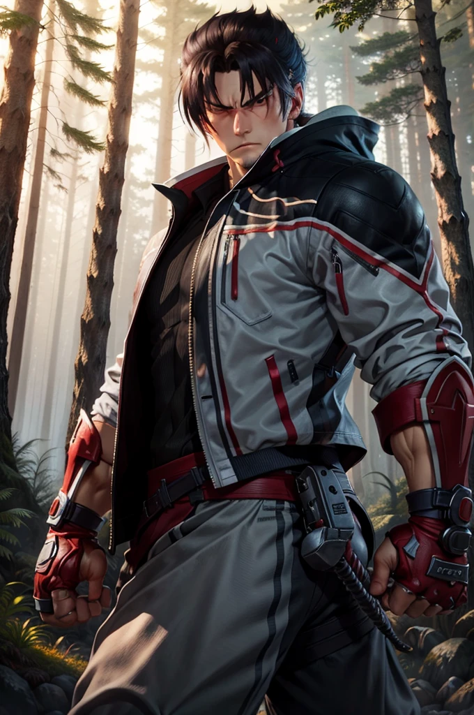 Jin is in a fighting stance, with his fists clenched and his arms slightly bent. He is looking straight ahead with a determined expression. The background is a forest scene, with tall trees and dense foliage at night.