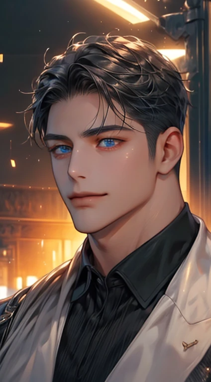 (best quality,4k,8k,highres,masterpiece:1.2),ultra-detailed,(realistic,photorealistic,photo-realistic:1.37),1 man,31 years old,mature man,very handsome,without expression,smile,short grey black hair,blue eyes,penetrating gaze,perfect face without errors,imposing posture,businessman,office background,cinematic lighting,hdr image