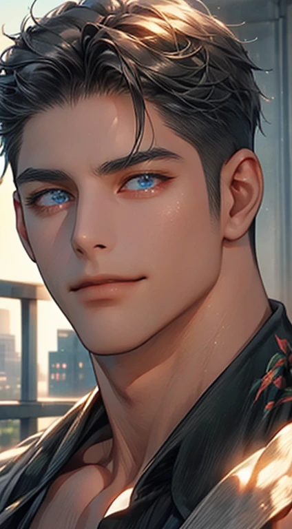 (best quality,4k,8k,highres,masterpiece:1.2),ultra-detailed,(realistic,photorealistic,photo-realistic:1.37),1 man,31 years old,mature man,very handsome,without expression,smile,short grey black hair,blue eyes,penetrating gaze,perfect face without errors,imposing posture,businessman,office background,cinematic lighting,hdr image