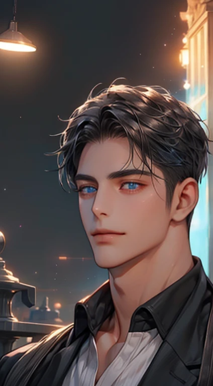 (best quality,4k,8k,highres,masterpiece:1.2),ultra-detailed,(realistic,photorealistic,photo-realistic:1.37),1 man,31 years old,mature man,very handsome,without expression,smile,short grey black hair,blue eyes,penetrating gaze,perfect face without errors,imposing posture,businessman,office background,cinematic lighting,hdr image