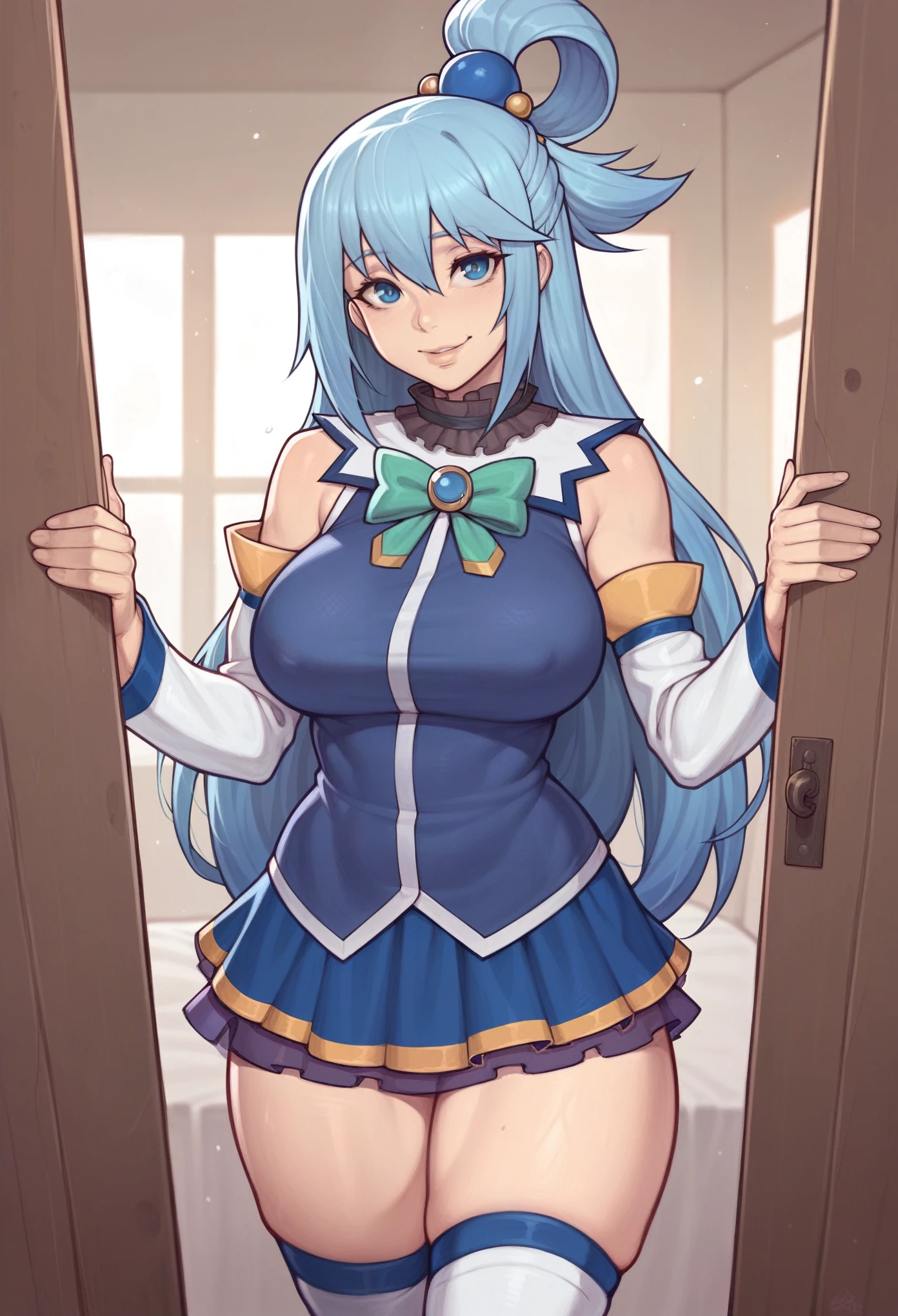 _asura style, 1girl, solo, aqua (konosuba), large breasts, smile, looking at viewer, standing, room background