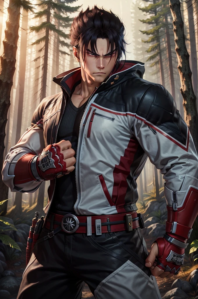 Jin is in a fighting stance, with his fists clenched and his arms slightly bent. He is looking straight ahead with a determined expression. The background is a forest scene, with tall trees and dense foliage at night.