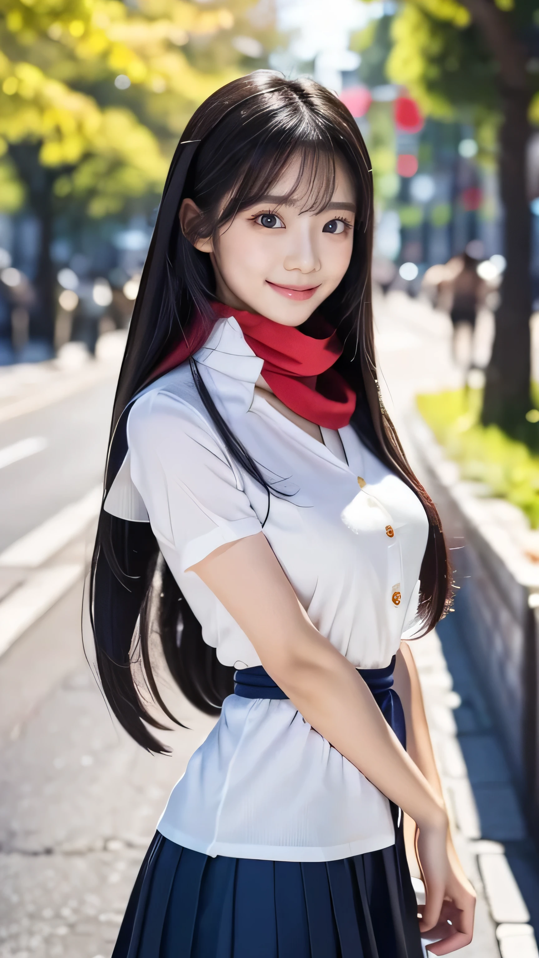 Create an ultra-realistic image of a 21-year-old Japanese woman named Kotone wearing a traditional Japanese sailor-style . She has extremely long, perfectly straight black hair that flows down to her waist, with blunt bangs that cover her forehead. Her eyes are large, enchanting, and have double eyelids with sparkling black pupils, giving them a captivating and youthful appearance. Her face is delicate and innocent, with very thin eyebrows that frame her large, childlike eyes. Kotone's skin is smooth and flawless, resembling snow in its pure white color. She has a slender and well-proportioned body with a shapely bust size of 95 cm, a height of 158 cm, a weight of 43 kg, an ideal waist size of 58.46 cm, and an ideal hip size of 86.73 cm. Her complexion is flawless, without any wrinkles, and her natural makeup enhances her features subtly, maintaining a fresh and youthful look. She embodies a perfect balance of youthful charm and mature elegance, with a cute and innocent smile that adds warmth and affection to her appearance.

Kotone should be depicted wearing a traditional Japanese sailor-style , consisting of a navy blue skirt and a matching top with a white collar and a red scarf. Her pose should be confident and relaxed, with a friendly smile. The lighting should be soft and natural, focusing on her front and emphasizing the smoothness of her skin and the delicacy of her features, creating a sense of depth and realism. There should be no background, ensuring that every detail of her appearance and the uniform is highlighted.
