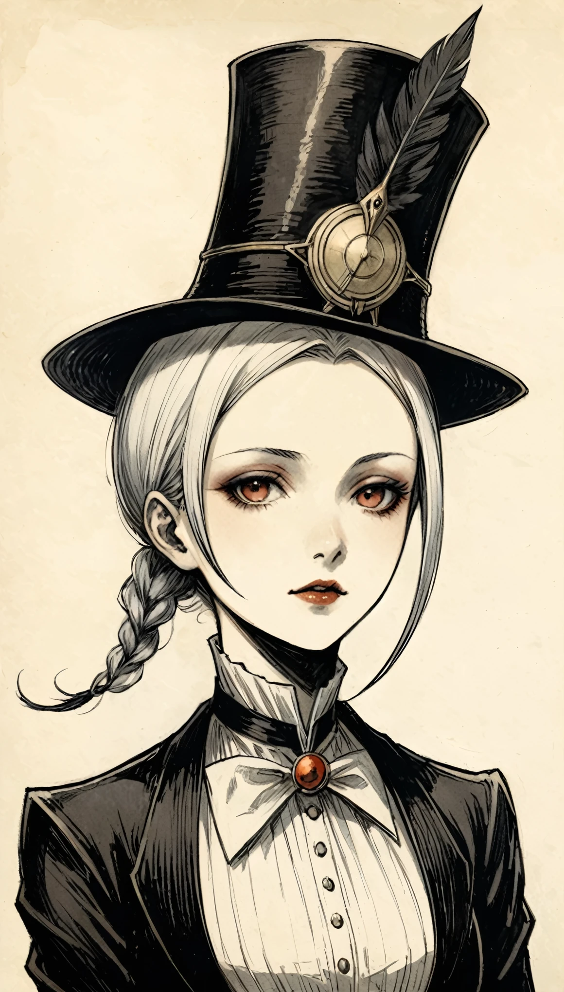 in style of Alfred Kubin,character concept design,half body,1girl