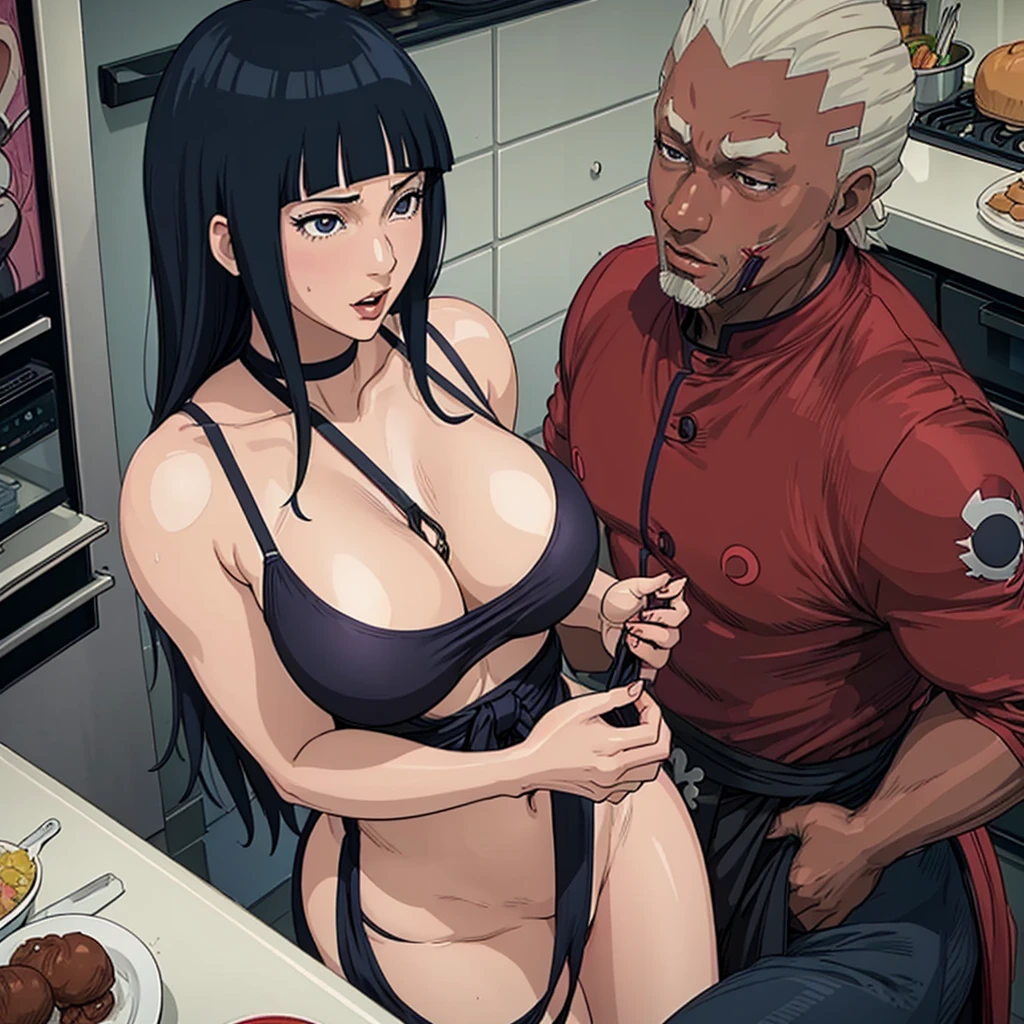 Hinata hyuga and raikage (ay black man) making love in kitchen ,sexy kitchen apron ,kissing and fucking together ,grabbing hips ,grabbing breast ,milf ,big breast ,wild love making ,muscular black man ,2 characters,perfect face,proper limbs ,cctv view, view from above 