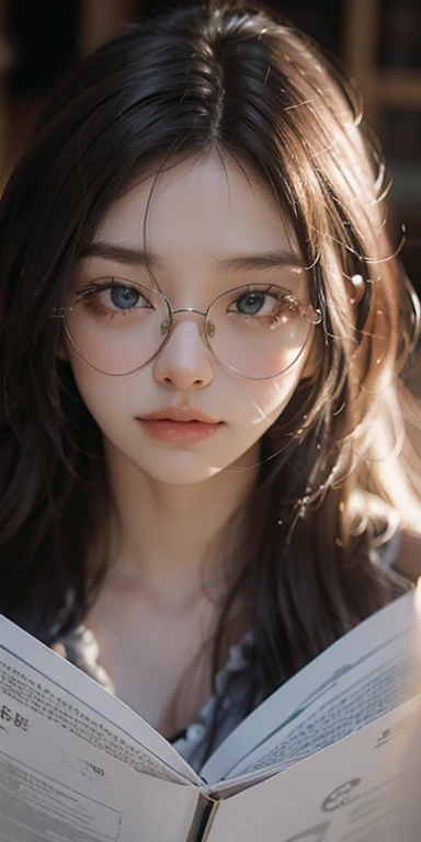 (masterpiece: 1.2, Portraiture, Highest quality), Realistic, (Live Action, Intricate details, Written boundary depth), Highest quality, masterpiece, Attention to detail, semi-Realistic, Sleeping in bed, shy, 21 years old, Short Blonde, blue eyes, pajamas, Slim figure、Dark Room、Reading while wearing glasses