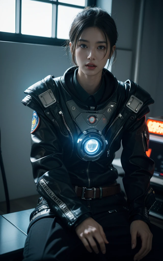 Alien technology air force,military uniform , fashion photography , Inspired by Cyberpunk。(best quality,4K,8K,high resolution,masterpiece:1.2), (Practical,Reality,Photo-real:1.37).masterpiece,Game Art,Best picture quality,最high resolution,8K,,Unreal Engine 5 rendering works,(Digital Photography), 20 year old girl,Short hair details,(Half-length photo)(Spacecraft pilot)(Spaceship cockpit)(Very cool,Exaggerated sci-fi avant-garde cockpit,Lots of buttons and displays,High technological content) (未来铠甲结合空军military uniform,Mysterious oriental runes,Exquisite clothing patterns),Future Warrior,Cyberpunk Characters,War Background, light,Ray Tracing,Game CG,((3D Unreal Engine)),OC rendering reflection mode,blur background
