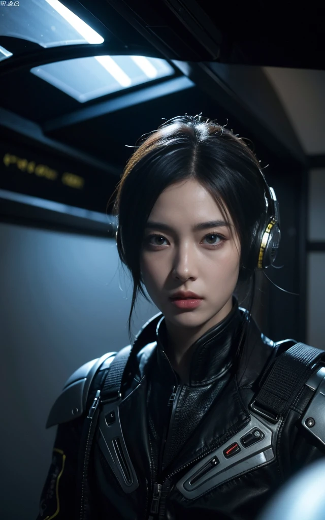 Alien technology air force,military uniform , fashion photography , Inspired by Cyberpunk。(best quality,4K,8K,high resolution,masterpiece:1.2), (Practical,Reality,Photo-real:1.37).masterpiece,Game Art,Best picture quality,最high resolution,8K,,Unreal Engine 5 rendering works,(Digital Photography), 20 year old girl,Short hair details,(Half-length photo)(Spacecraft pilot)(Spaceship cockpit)(Very cool,Exaggerated sci-fi avant-garde cockpit,Lots of buttons and displays,High technological content) (未来铠甲结合空军military uniform,Mysterious oriental runes,Exquisite clothing patterns),Future Warrior,Cyberpunk Characters,War Background, light,Ray Tracing,Game CG,((3D Unreal Engine)),OC rendering reflection mode,blur background