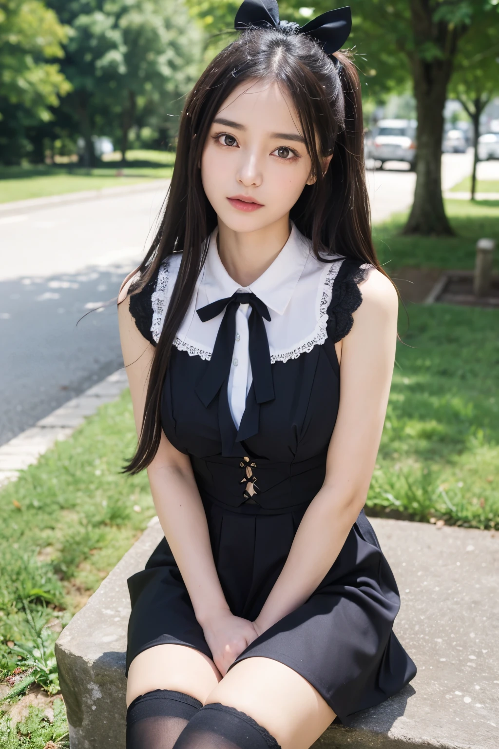((masterpiece)), ((best quality)), ((ultra-detailed)),((hyperrealistic)),(japanese cute girl),(shiny skin),1girl,(forehead),black hair,long hair,(black big eyes,tareme,droopy eyes),(small breasts),,dynamic angle,neat and clean,wearing a kawaii fashion outfit, outfit features a pink blouse with black lace trim and a large bow at the collar, The blouse is paired with a black high-waisted skirt with lace-up details, The person is also wearing black knee-high socks with lace tops, The overall look is cute and elegant,