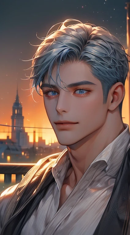 (best quality,4k,8k,highres,masterpiece:1.2),ultra-detailed,(realistic,photorealistic,photo-realistic:1.37),1 man,31 years old,mature man,very handsome,without expression,smile,short grey blue hair,blue eyes,penetrating gaze,perfect face without errors,imposing posture,businessman,office background,cinematic lighting,hdr image