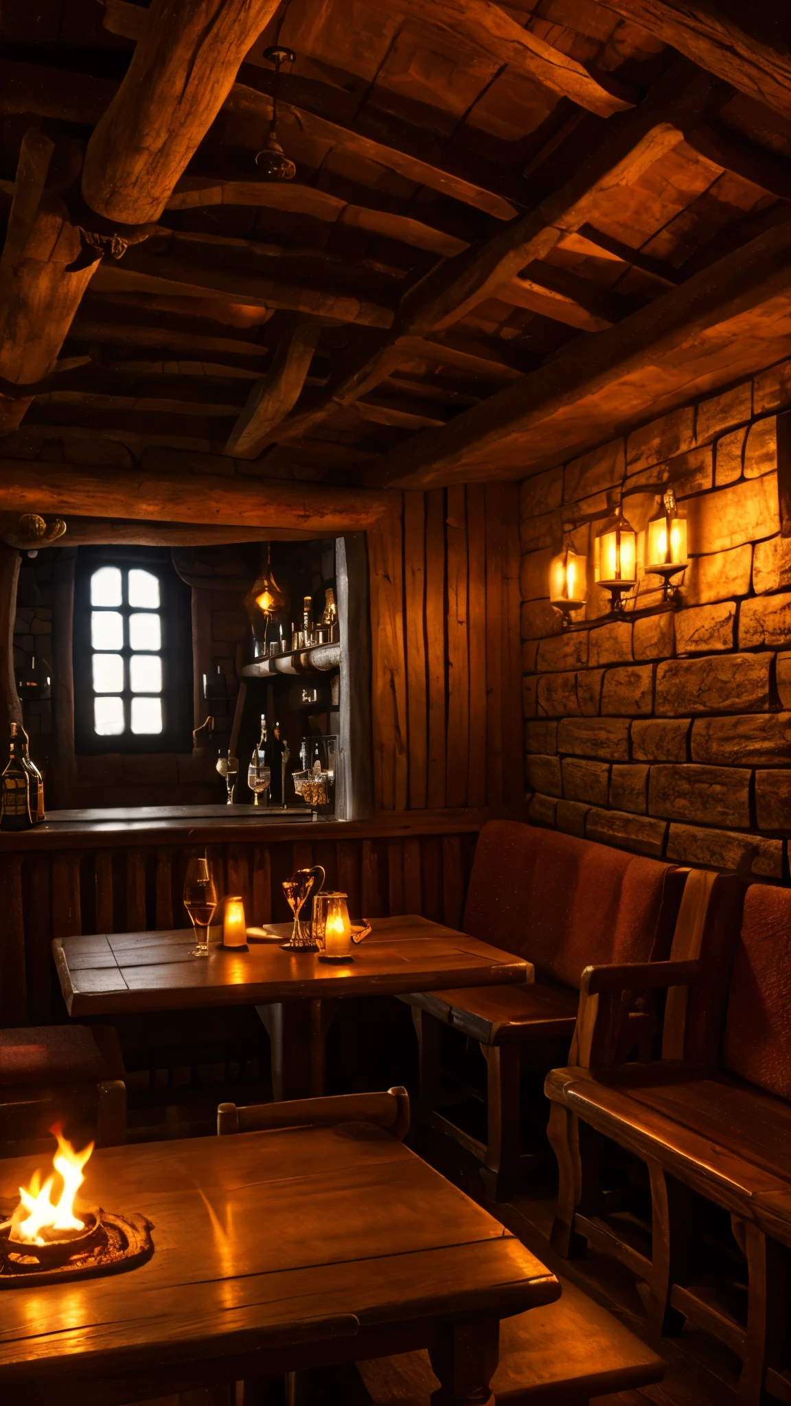 cozy warm medieval tavern, high definition, warm lighting, high details, fantasy characters