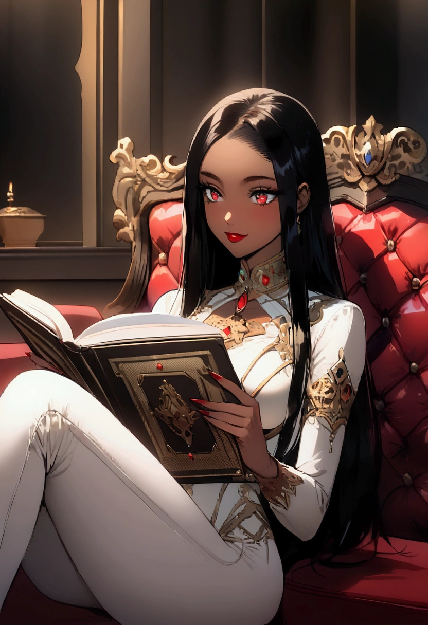 An African (((woman))) of mixed heritage, with (((perfectly captivating eyes))), (((vibrant red lips))), and a (((flawless face))), is comfortably seated on a luxurious couch, immersed in reading a book. She has ((long, straight hair)), and is dressed in a stylish catsuit, playfully holding a gift. Her teasing smile and her gaze directed at a treasure box ((create an intriguing atmosphere)) in the piece. (((Intrigue, beauty, heritage, reading, luxury, playful, atmosphere)))