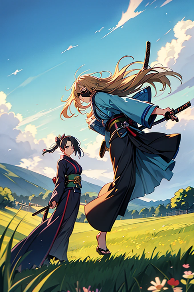 Woman, middle-age, long  hair, blondes, flying in the wind, blue colored eyes, ((left eye patch)), serious look, kimono black, ((katana on the waist)), green field background cloudy day