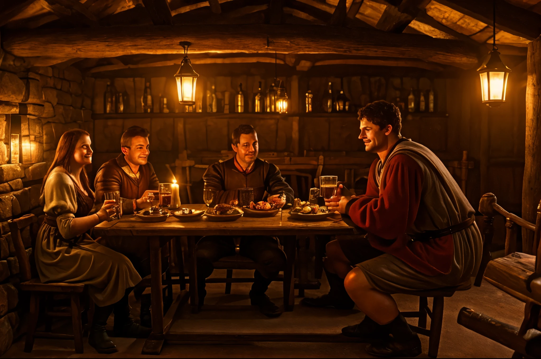 cozy warm medieval tavern, high definition, warm lighting, high details, fantasy characters drinking beer