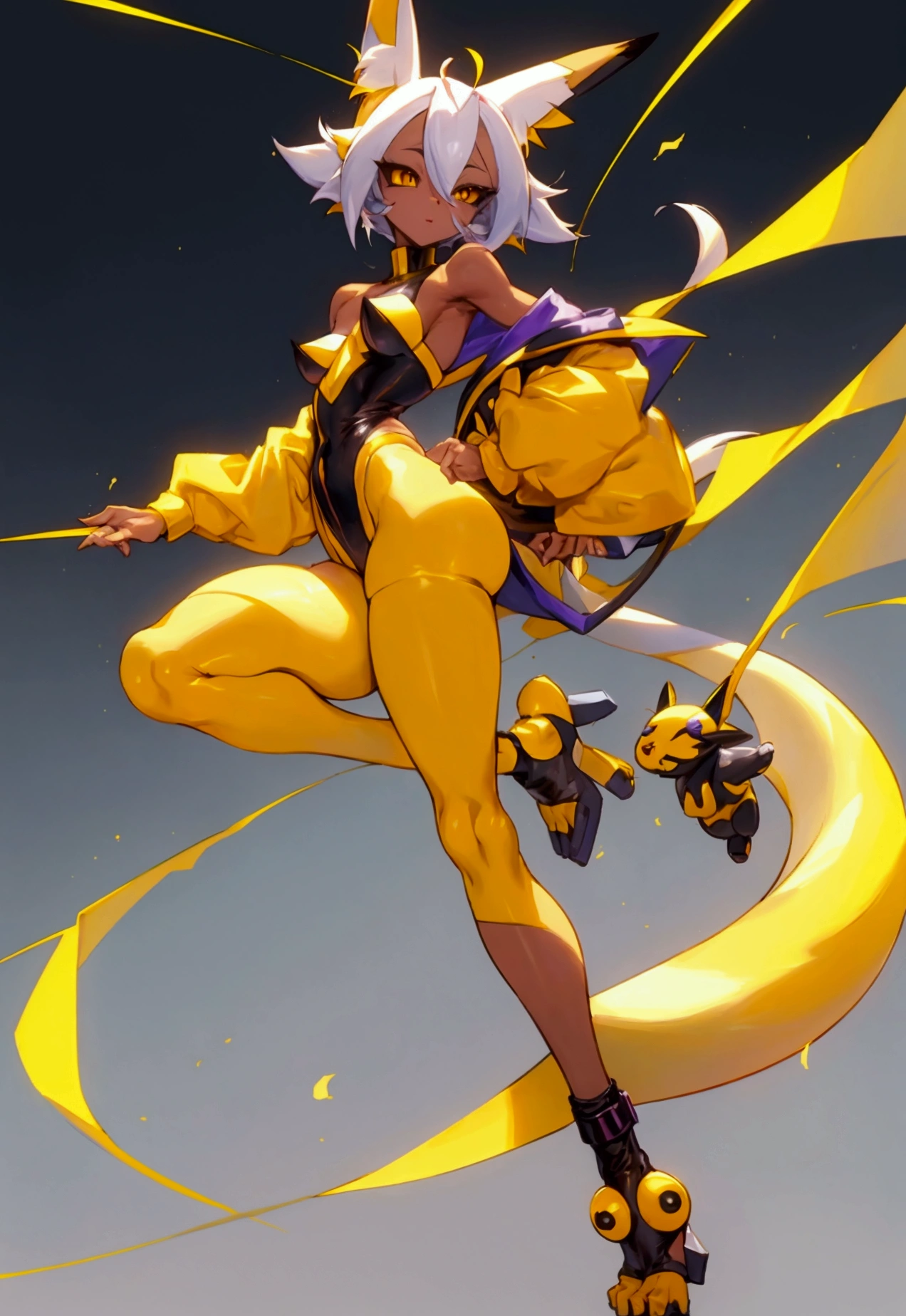 make me the character renamon from digimon but in a human version of this same one make him have details or characteristics of renamon like his ears and tail and also make a full body image make him have nice and firm breasts and a light skin tone too Make him a curvy, sexy body with medium thighs that are neither too big nor too small and white hair