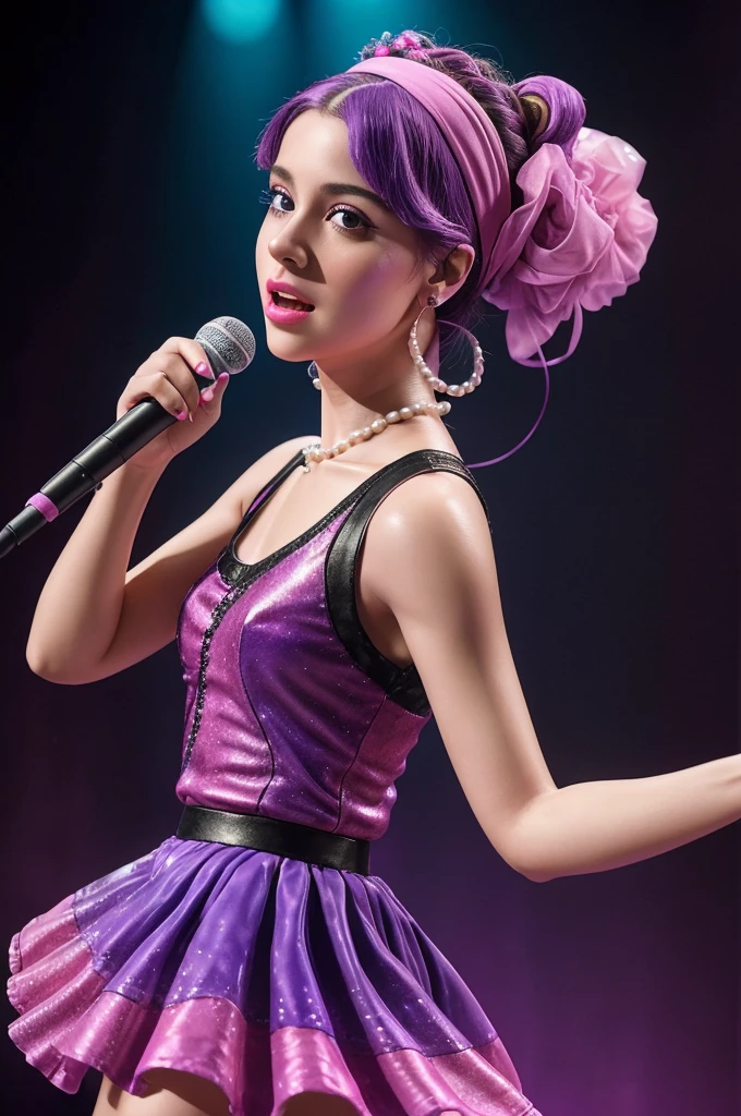 Create a highly detailed and realistic 3D plaster sculpture of a young woman wearing a pearl earring, dancing emotionally to an energetic pop song. The background is an alcohol ink mixed with pink and purple alcohol inks. She has black eyes. She sings into a microphone with purple musical notes and smoke in the background.