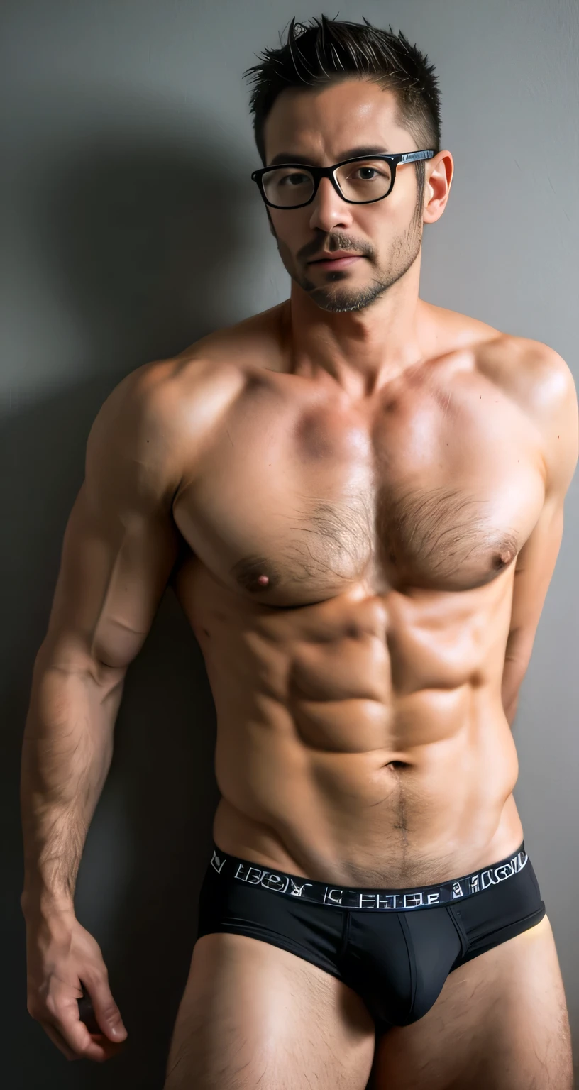 natural male、40 years old、male、Japanese、very handsome、abs、Pectoral muscle、ck black-underwear、sexy pose、body hair、full-length picture,wearing glasses