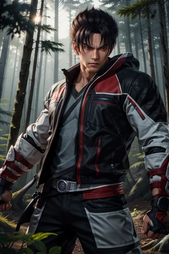 Jin is in a fighting stance, with clenched fists and slightly bent arms. He is looking straight ahead with a determined expression. The background is a forest scene, with tall trees and dense foliage at night.