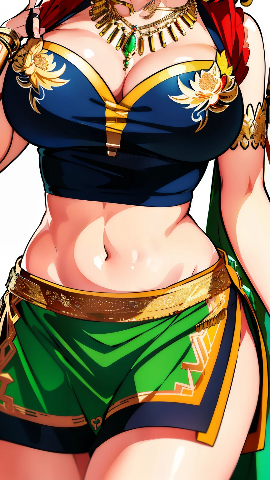 (masterpiece,best quality, 8k:1.2),(anime),1girl,mature female,igawa sakura,(Dark blue eyes, Eye light: 1.2), medium breast,wide hips, Beautiful face, beautiful breasts, beautiful belly, beautiful thighs, (A full display of temple jewellery, a pair of earrings, necklace, bangles, finger rings, highly detailed Vray rendering of a maang tikka, flashing light, colourful dress, hair ornament, gold embroidery, ancient India, midriff peek, waist jewellery, bangles with gold chains, (close up), golden shawl with intricate leaf embroidery, embroidered dress, (Kamarbandh:1.1), Smile), (Cowboy shot:1.5), dynamic poses, dynamic angles