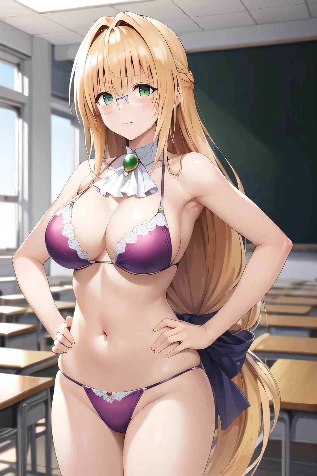 masterpiece, Highest quality, High resolution, Atearge, Very long hair, Long hair tied low, Hair Ribbon, Green Eyes, Glasses, Large Breasts, White Ascot, Pink Bikini, Place your hands on your hips, Are standing, Cowboy Shot, classroom, blackboard,