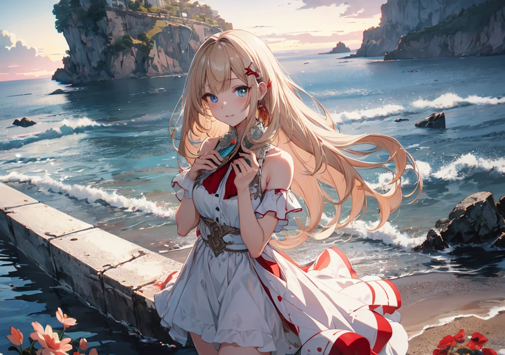 Realistic photos, Focus distance 10mm, Red and white, Beautiful girl, Realistic photos, Shooting at Focus distance 10mm, masterpiece, 最high quality, high quality, Very detailed CG 8k wallpaper unit, Award-winning photography, Depth of written boundary, High resolution, bloom, chromatic aberration, Realistic, Very detailed, Art Station Trends, CGsociety Trends, Complex, High detail, dramatic, Art on the go, volumetric lighting, Fish Course A beautiful girl in an elegant dress is enjoying a fresh fish dish. A beautiful ocean view is in the background. The girl has long, straight blonde hair and sparkling blue eyes