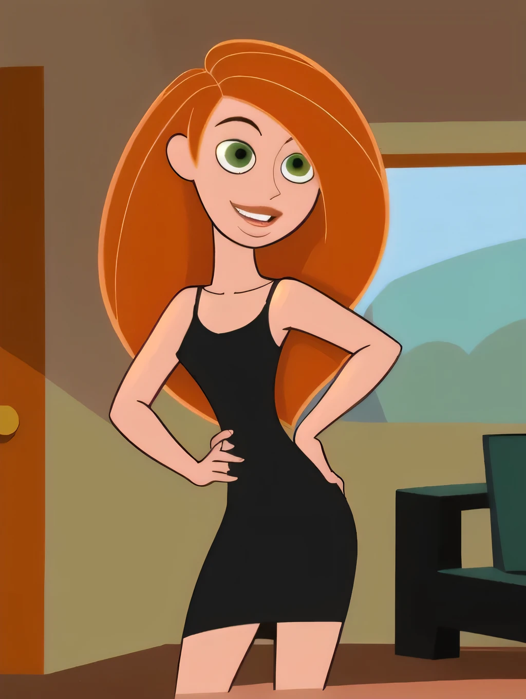 Best_QualityPos, intricate details, best quality, 8k uhd, better lighting, 1girl, solo, green eyes, orange hair, long hair, black dress, collarbone, loose clothes, sleeveless, smile, thighs, indoor, Kim Possible Style, hands on the hip,