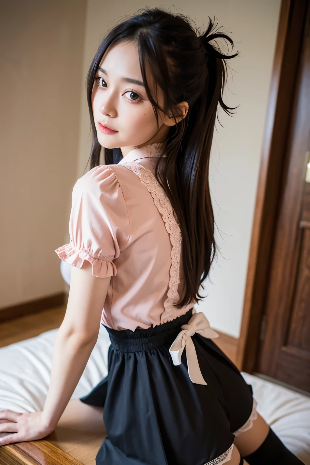 ((masterpiece)), ((best quality)), ((ultra-detailed)),((hyperrealistic)),(japanese cute girl),(shiny skin),1girl,(forehead),black hair,long hair,(black big eyes,tareme,droopy eyes),(small breasts),15 years old,dynamic angle,neat and clean,wearing a kawaii fashion outfit, outfit features a pink blouse with black lace trim and a large bow at the collar, The blouse is paired with a black high-waisted skirt with lace-up details, The person is also wearing black knee-high socks with lace tops, The overall look is cute and elegant,ass,

