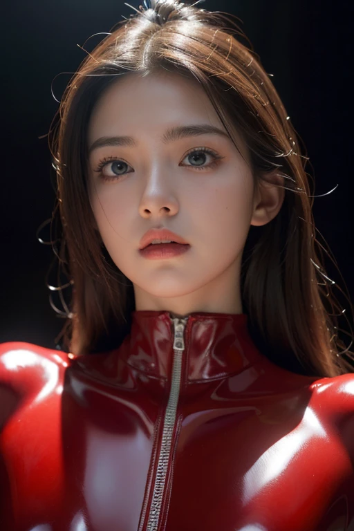 (RAW Photos:1.2)、Highest quality、Beautiful detailed girl、Tight red latex suit、Red latex , Laughter、Highly detailed eyes and face、Beautiful and detailed、Large file size、High resolution、High resolution、More about 8k wallpaper、Highly detailed Ticker uniform 8K wallpaper、Light on the face、Cinema Lighting、16-year-old girl、Sexy pose、(Photorealism:1.4)、Consciousness upward、Surrealism、 From below、Super Detail、masterpiece