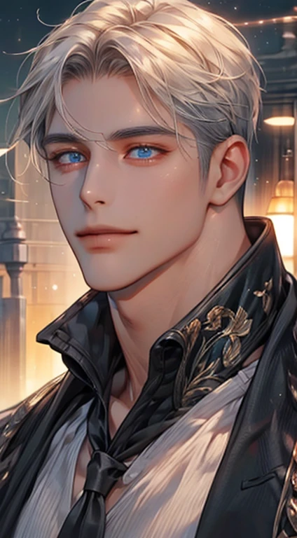 (best quality,4k,8k,highres,masterpiece:1.2),ultra-detailed,(realistic,photorealistic,photo-realistic:1.37),1 man,31 years old,mature man,very handsome,without expression,smile,short gray white hair,blue eyes,penetrating gaze,perfect face without errors,imposing posture,businessman,office background,cinematic lighting,hdr image