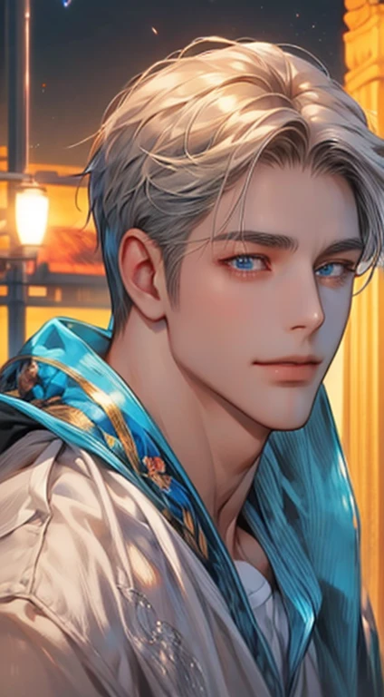 (best quality,4k,8k,highres,masterpiece:1.2),ultra-detailed,(realistic,photorealistic,photo-realistic:1.37),1 man,31 years old,mature man,very handsome,without expression,smile,short gray white hair,blue eyes,penetrating gaze,perfect face without errors,imposing posture,businessman,office background,cinematic lighting,hdr image