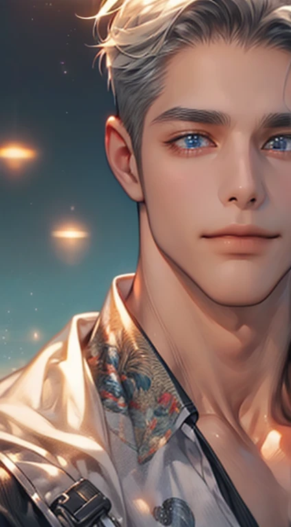 (best quality,4k,8k,highres,masterpiece:1.2),ultra-detailed,(realistic,photorealistic,photo-realistic:1.37),1 man,31 years old,mature man,very handsome,without expression,smile,short gray white hair,blue eyes,penetrating gaze,perfect face without errors,imposing posture,businessman,office background,cinematic lighting,hdr image