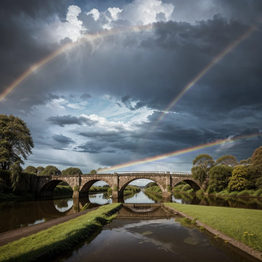 a man standing on bridge and under the bridge there is river flowig and there is small boad also , black clouds in the sky and rainbow clearly visible,and that man watching rainbow while holding the edge of bridge. some birds also flying there , and the bank of reiver there are many house and tress. make this realistic ,4k