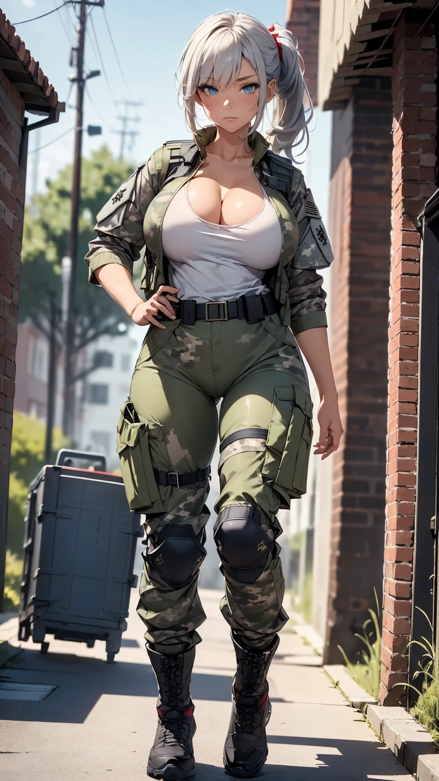 A woman soldier, atheletic body, sexy body, big breasts, blue eyes, beautiful eyes, big hips, thick thighs  detailed eyes, silver hair, low ponytail hairstyle, long hair, tactical gear, camo jacket, military boots, ((long cargo pants)), ((military tactical vest)), high quality picture, high detail, high resolution, full body, military base in the background