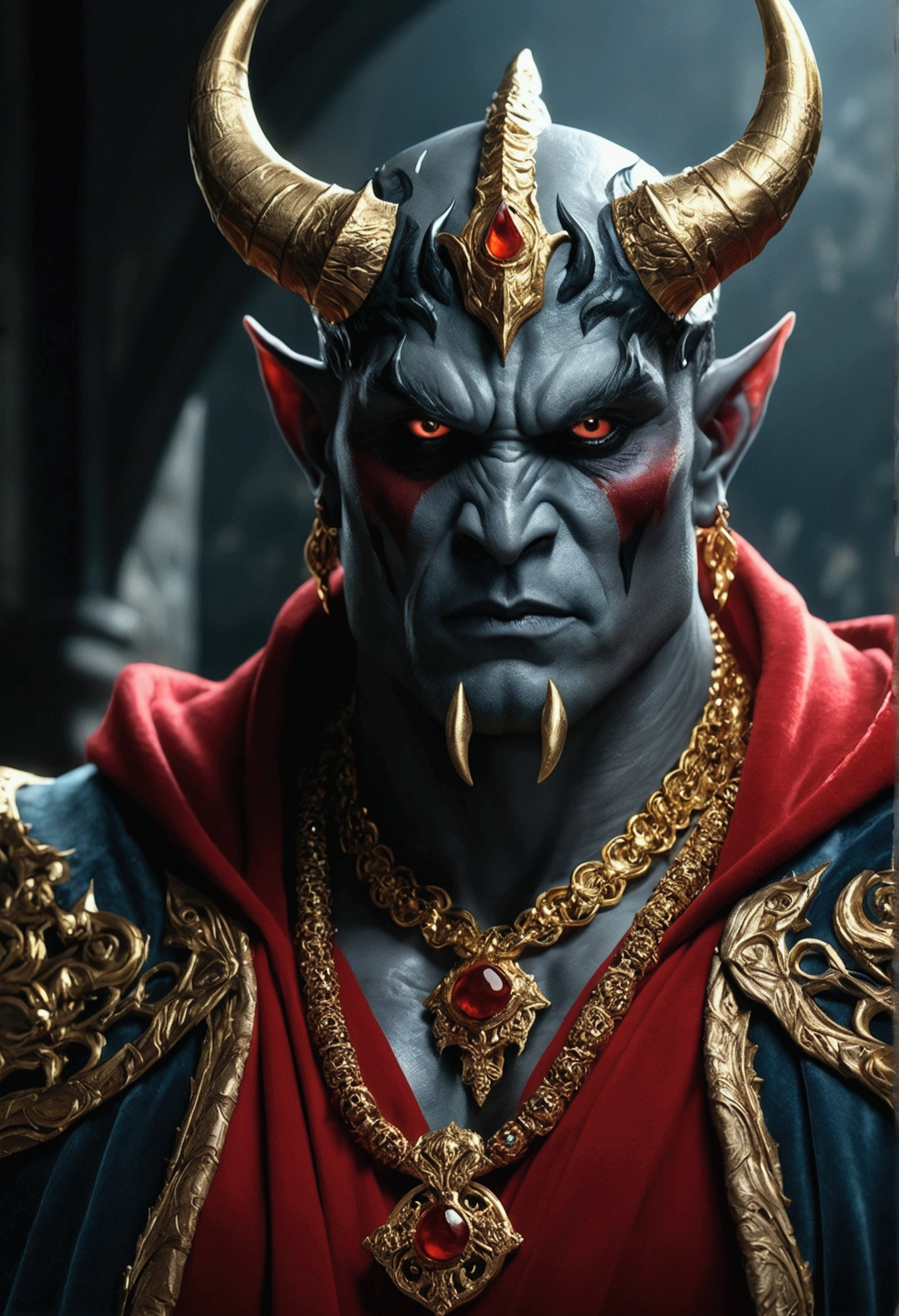 a powerful, muscular demon king with piercing black eyes with red, black horns, bluish-gray skin, wearing a typical red robe of a king with golden accessories, (best quality,4k,8k,highres,masterpiece:1.2),ultra-detailed,(realistic,photorealistic,photo-realistic:1.37),intricate details,cinematic lighting,dramatic atmosphere,dark fantasy,epic,dramatic
