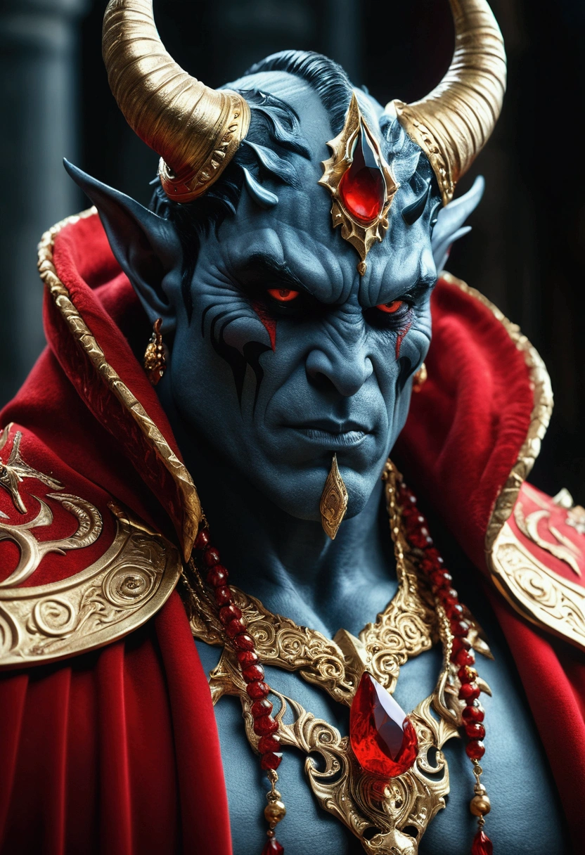 a powerful, muscular demon king with piercing black eyes with red, black horns, bluish-gray skin, wearing a typical red robe of a king with golden accessories, (best quality,4k,8k,highres,masterpiece:1.2),ultra-detailed,(realistic,photorealistic,photo-realistic:1.37),intricate details,cinematic lighting,dramatic atmosphere,dark fantasy,epic,dramatic