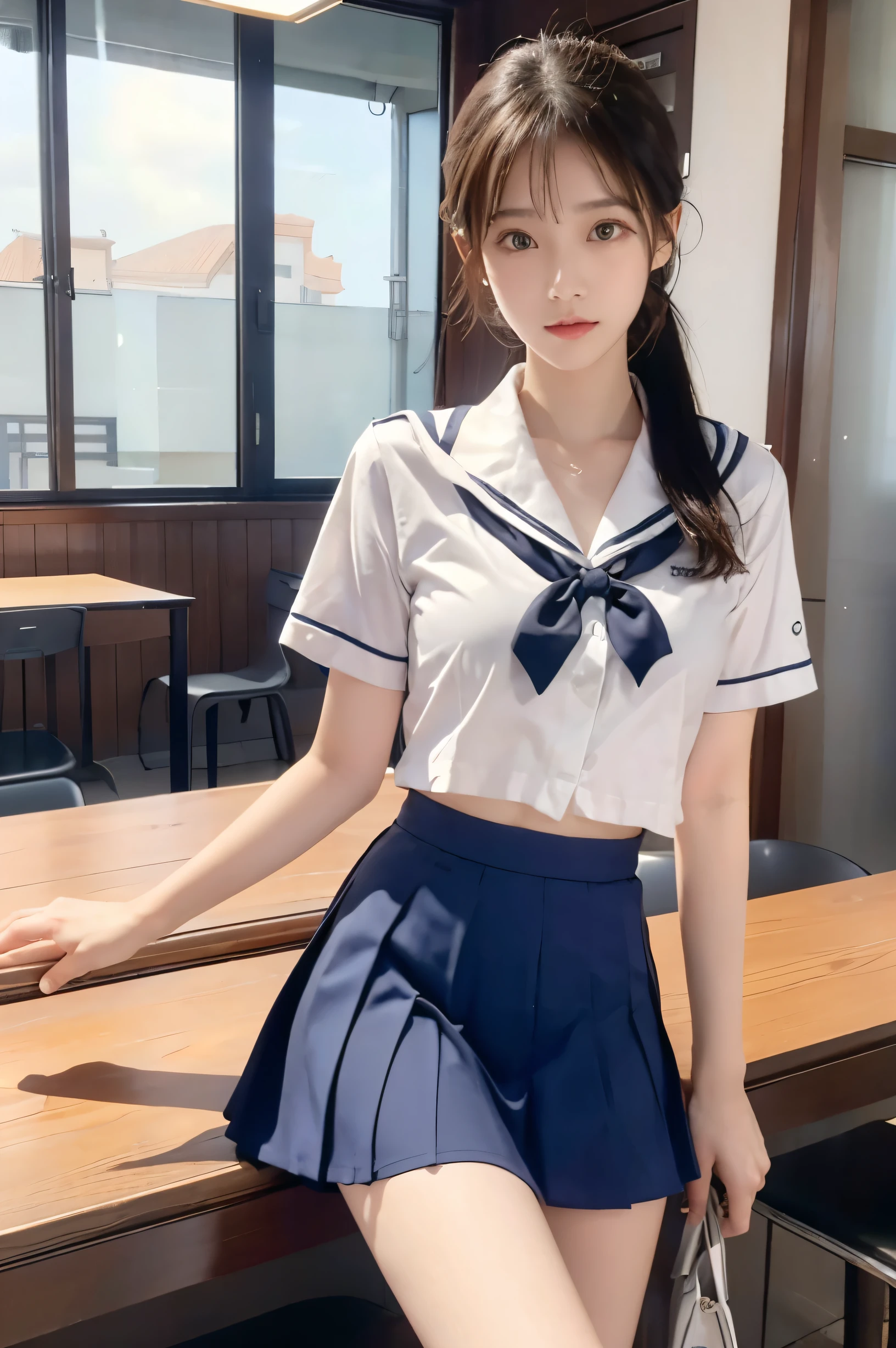 (Ultra HD), (Sailor suit:1.4, White short sleeve shirt, Navy blue mini skirt), Big Breasts, slender, Narrow waist, whole body, Standing posture, (Clean and shiny skin, Whitening, No makeup), (Super slim face, Super beautiful face), (Light Brown Ponytail, Layered Cut, Fluffy hair), (double eyelid, Slanted Eyes), Small Nose, Thin lips, Thin legs, school gate