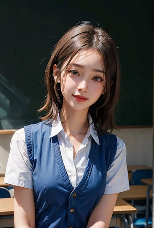 (((Medium Hair))), Highest quality, 8k, High resolution, High resolution, Absurd:1.2, Blurred Background, Bokeh:1.2, photograph, (RAWphotograph:1.2), (Realistic:1.4), (masterpiece:1.3), (Details:1.2), One Girl, alone, Japanese Girls, delicでe, beautiful detailed,  , (((Small ))),(Highest quality:1.4), (ultra High resolution:1.2), Cema Light g, (extreme detailed illustration), (Lip gloss, Highest quality, ultra High resolution,  85mm, iso 200, 1920s:0.75),One Girl, alone, (((Blue Vest))) smile, ((school uniform,  classroom))